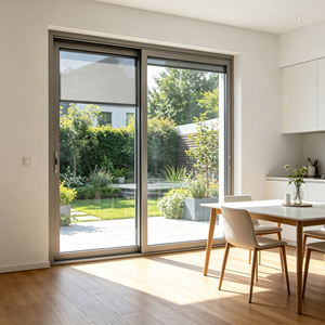 Gray Aluminum Sliding Window with Built-In Integral Blinds & Waterproof Modern House Balcony Living Room Design