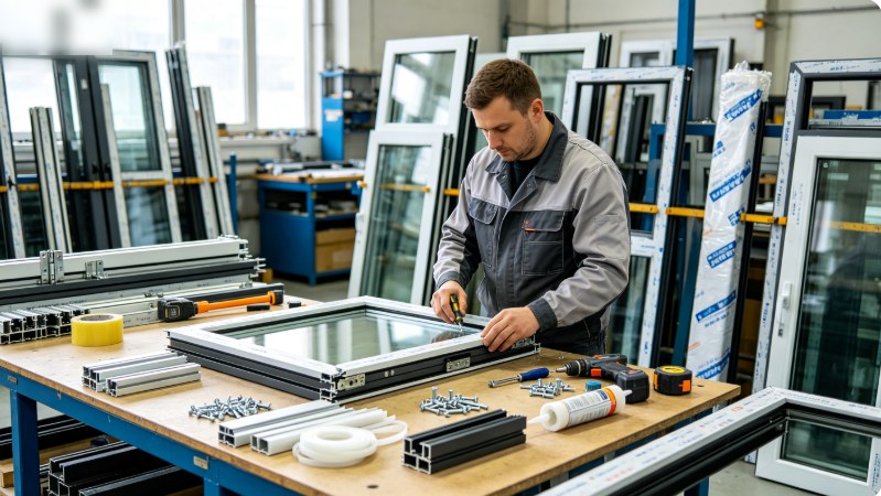 Quality inspection and window pre-assembly at Karon Window & Door Co., Ltd. factory