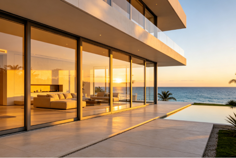 Slim-frame aluminium sliding door connecting living room to terrace