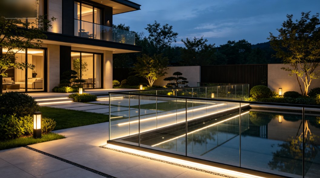 Luxury villa balcony frameless glass railing completion