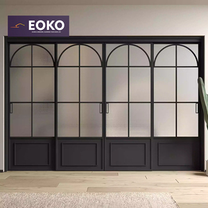 EOKO CE Arch Top Sliding Door Black Aluminum Crittall 4 Panel Grid Kicker Panel Interior Sliding Door for Modern Loft