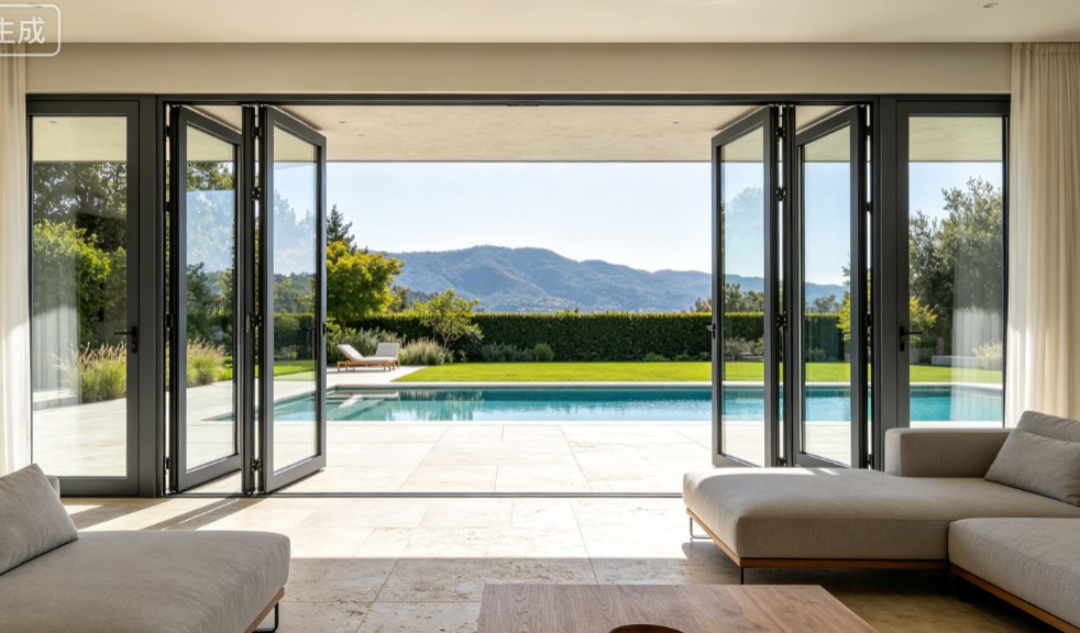 Aluminium folding window installed in poolside pavilion