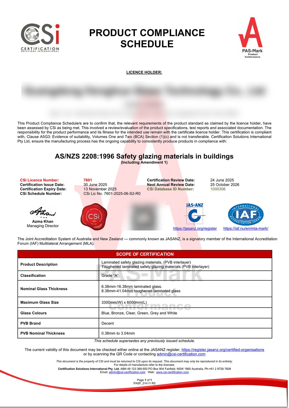 New Zealand AS/NZS 2208 CSi PAS-Mark laminated glass certificate