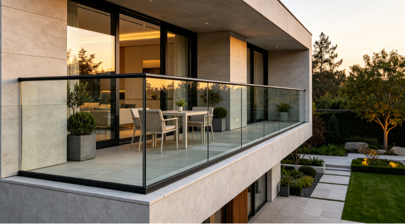 Frameless glass railing with aluminium base channel