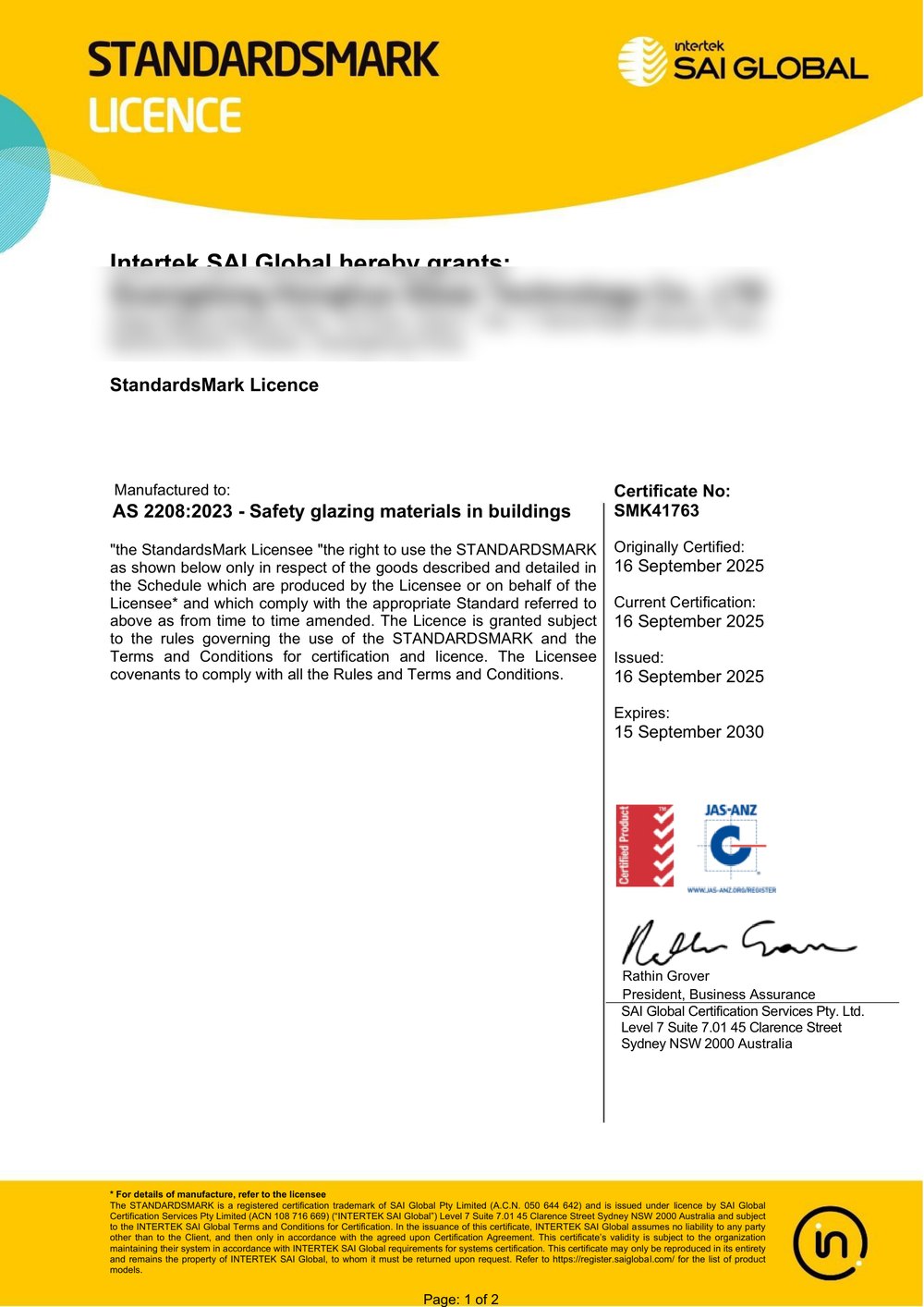 Australia AS 2208 SAI Global StandardsMark certificate