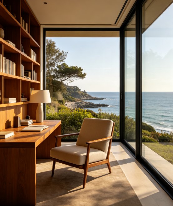 Acoustic glazed casement window in executive study