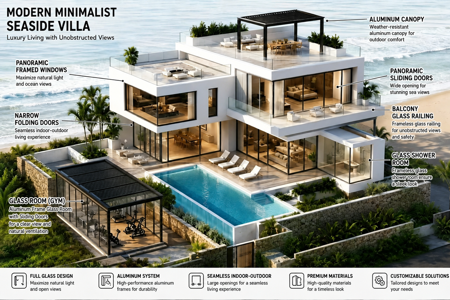 Whole-house aluminium window, door and glass railing system installed in a modern villa