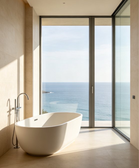 Frosted privacy casement window in bathroom space