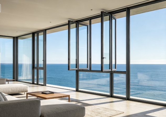 Thermal break casement window installed in modern living room