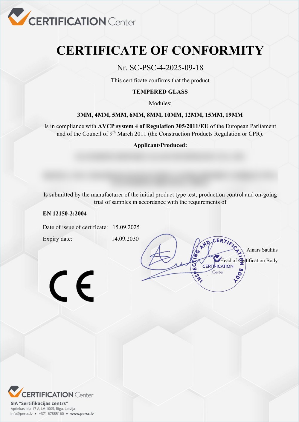 CE Certification EU EN 12150 compliance certificate