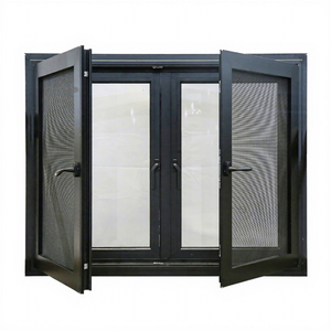 Modern Black Aluminum Double Casement Window with Integrated Outer Bug Screen and Clear Glass Inner Sash